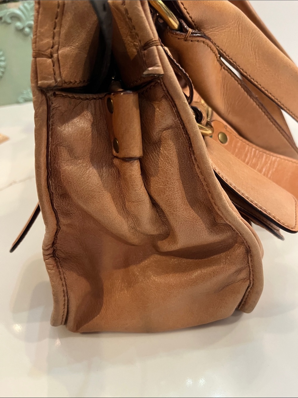 Chloe Leather Camel Shoulder Bag with Double Buckle Detail. Made in Italy. Roomy - Picture 9 of 16